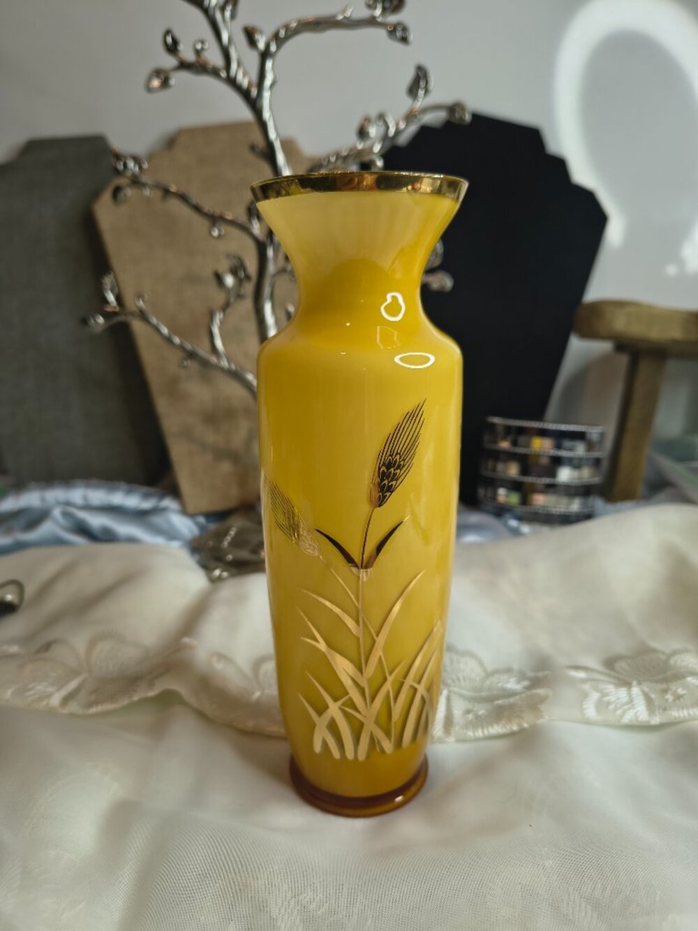 Yellow and Gold White Encased Wheat Mid Century Vase